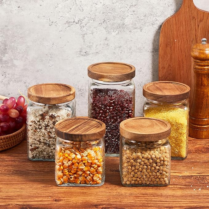 Gerrii 5 Pcs Vintage Glass Food Storage Containers 17/24/34 oz Glass Jar with Lid Airtight Candy Jar Food Canisters for Kitchen Counter Pantry Coffee Beans(Begonia, sunflower, window Grilles Square)