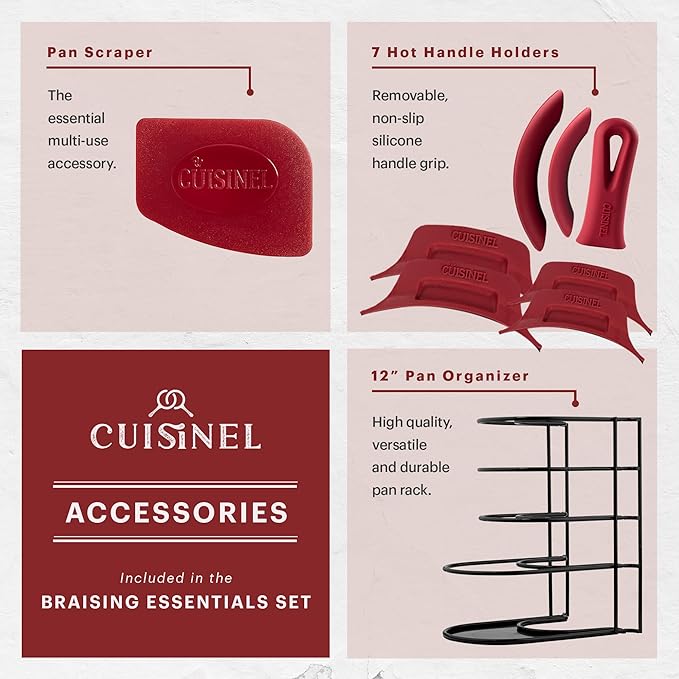 Cuisinel Cast Iron 16-Piece Pre-Seasoned Cookware Set - 8" + 12" Braiser Pans + Cast Iron Lids + 10" Skillet + 2-in-1 Multi-Cooker + 12" Organizer + Scraper + Silicone Handle Covers - Fire, Oven Safe