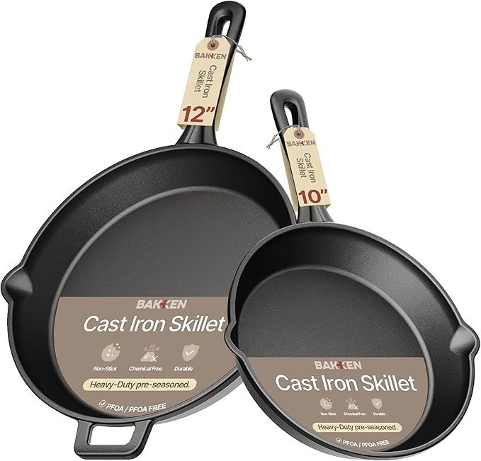 Bakken Cast Iron Skillet Set, 10" & 12" Pre-Seasoned Frying Pans with Even Heat Retention, Versatile for Stove, Oven, Grill & Campfire, Easy-Grip Handles, Hand Wash Only, 4.41 lbs & 6.61 lbs