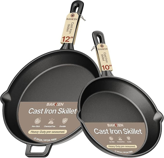 Bakken Cast Iron Skillet Set, 10" & 12" Pre-Seasoned Frying Pans with Even Heat Retention, Versatile for Stove, Oven, Grill & Campfire, Easy-Grip Handles, Hand Wash Only, 4.41 lbs & 6.61 lbs