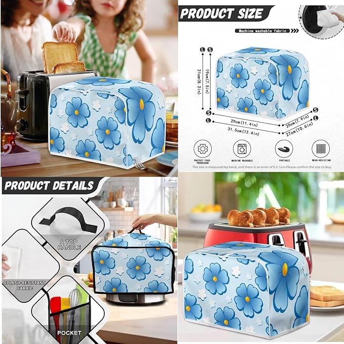 Blue Floral 4 Slice Toaster Cover Small Appliance Cover 3-Pcs Set,Bread Toaster , Blender and Slow Cooker Dust and Fingerprint Protection, Machine Washable Kitchen Decor (Blue)