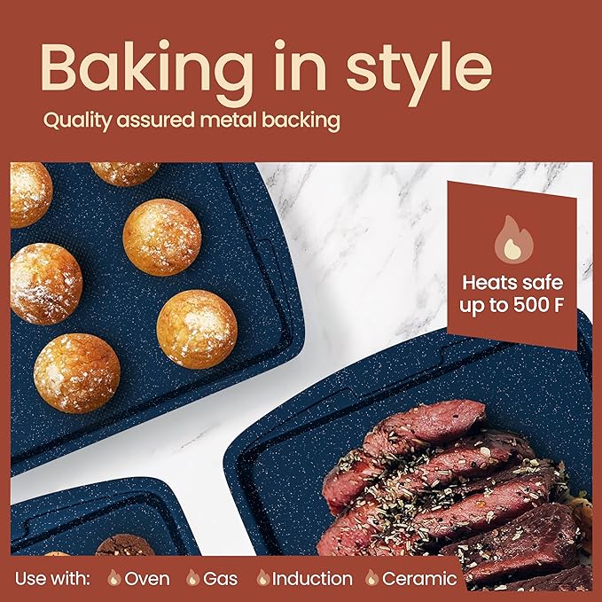 Blue Marble 10-Piece Bakeware Sets, Nonstick Carbon Steel Baking Sheet & Pans, Stackable Space-Saving Bakeware, Dishwasher Safe, Stain-resistant, PFOAPFOSPTFE Free, Oven Safe Up To 450°F (230°C)