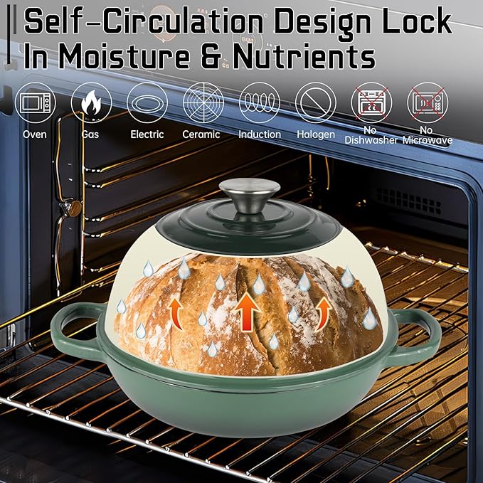 Enameled Cast Iron Bread Oven, Dutch Oven Pot with Lid, 10" Bread Dutch Oven for Sourdough Bread Baking, 6 Quarts Bread Pan with Dome Lid, Non-stick Cookware for Homemade Bread, Green