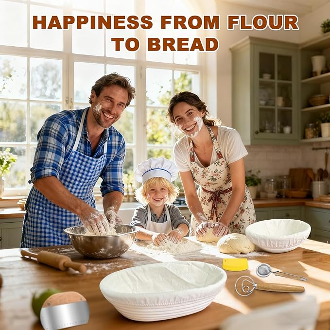 Sourdough Starter Kit,Sourdough Bread Baking Supplies, 9" Round and 10" Oval Banneton Bread Proofing Basket Set with Glass Sourdough Starter Jar, Sourdough Bread Making Tools Kit Gifts for Women Mom