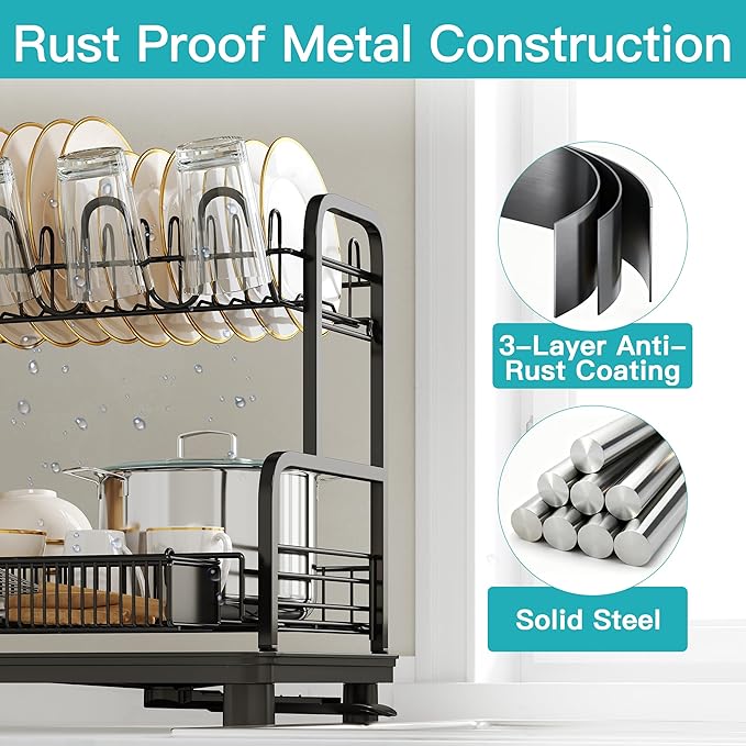 romision Capacity Dish Drainers Drying Rack, Metal Stainless Steel Rust Proof Plate Strainers Holder with Drainboard Tray, Space Saving, On Counter 2 Tier, Black