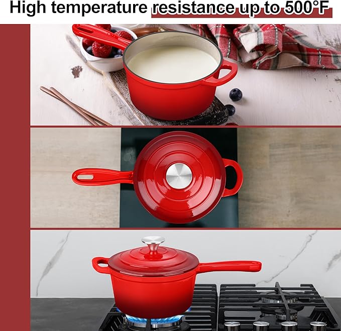Enameled Cast Iron Sauce Pan, Leonyo 1 Qt & 2 Qt Saucepan Set, Cast Iron Dutch Oven Kitchen Small Pots for All Cooktops Cooking Pasta, Milk, Oatmeal - Up to 500°F & Nonstick, Red