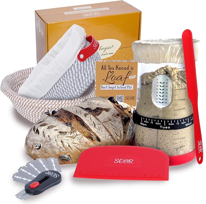 SEOR 8Pc Sourdough Starter Kit; Bread Baking Kit with Sourdough Starter Kit with Jar; Includes 2 Bread Proofing Baskets, Sourdough Tools & Baking Supplies for Artisan Loaves.