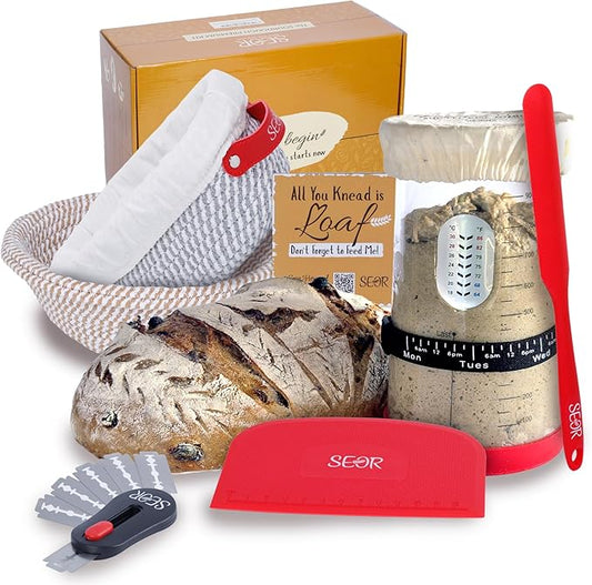 SEOR 8Pc Sourdough Starter Kit; Bread Baking Kit with Sourdough Starter Kit with Jar; Includes 2 Bread Proofing Baskets, Sourdough Tools & Baking Supplies for Artisan Loaves.