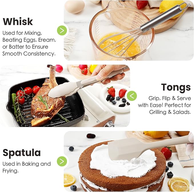 Cooking Utensils Set, 35Pcs Silicone Kitchen Utensils Set with Holder, 446°F Heat Resistant Food Grade Spatula Set, BPA Free Kitchen Gadgets for Non-stick Cookware, Easy to Clean (Khaki)