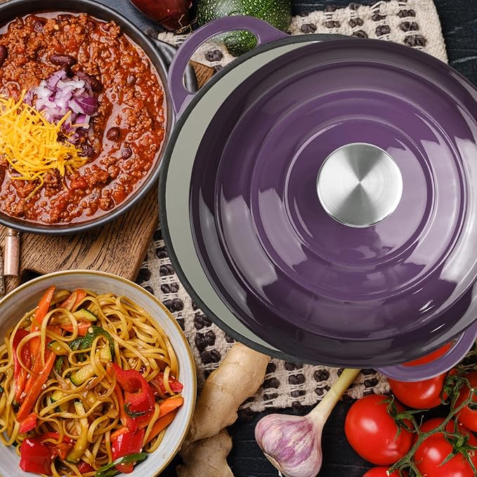 3 Quart Dutch Oven Enameled Cast Iron with Lid - Big Dual Handles - Oven Safe up to 500°F - Classic Round Pot for Versatile Cooking Purple