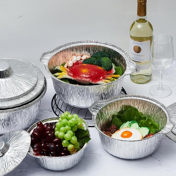 24 Pcs Disposable Aluminum Pot with Lid Round Foil Pans Disposable Cookware Food Container for Vacation Trips Camping Baking Heating Cooking (33.8,67.6,121.7 oz)