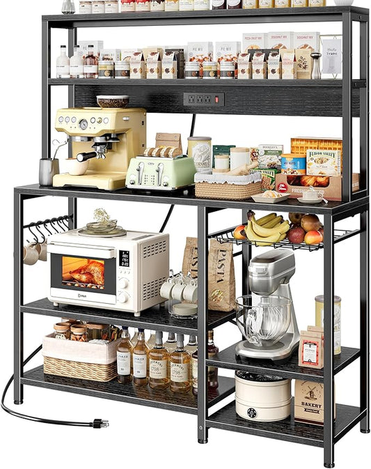 SUPERJARE Bakers Rack with Power Outlet, 47.2 Inches Coffee Bar with Wire Basket, Kitchen Microwave Stand with 6 S-Shaped Hooks, Open Storage Shelves, Black