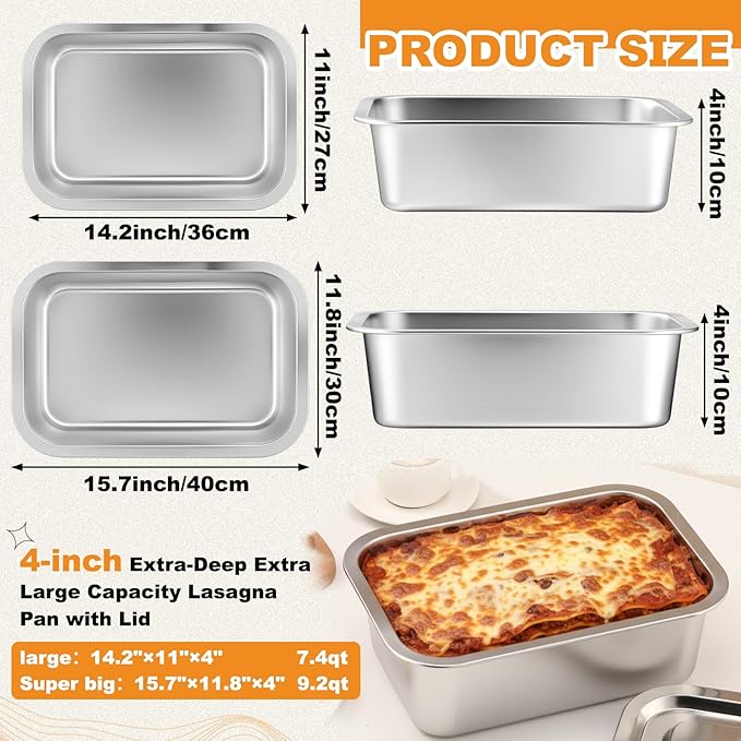 2 Pack 4 Inch Extra Deep Lasagna Baking Pan with Lid, 11.8"x15.7" 9.2qt&11"x14.2" 7.4qt Rectangular Large Stainless Steel Nonstick Lasagna Roasting Pans Set Deep Baking Dishes for Oven