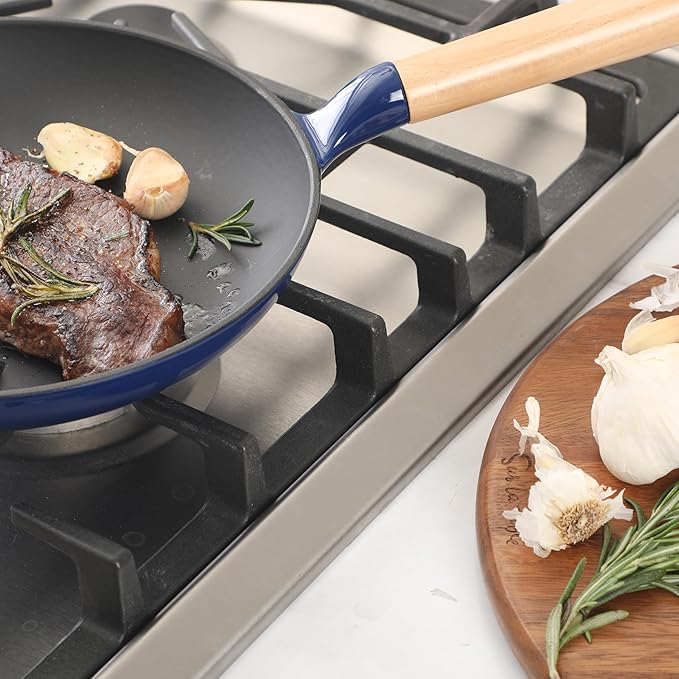 Sur La Table Kitchen Essential Main Canteen 9.5" Pre-Seasoned Cast Iron Skillet w/Wood Handle, Natural Nonstick Lightweight Frying Pan for Searing, Sautéing & Everyday Cooking - Blue