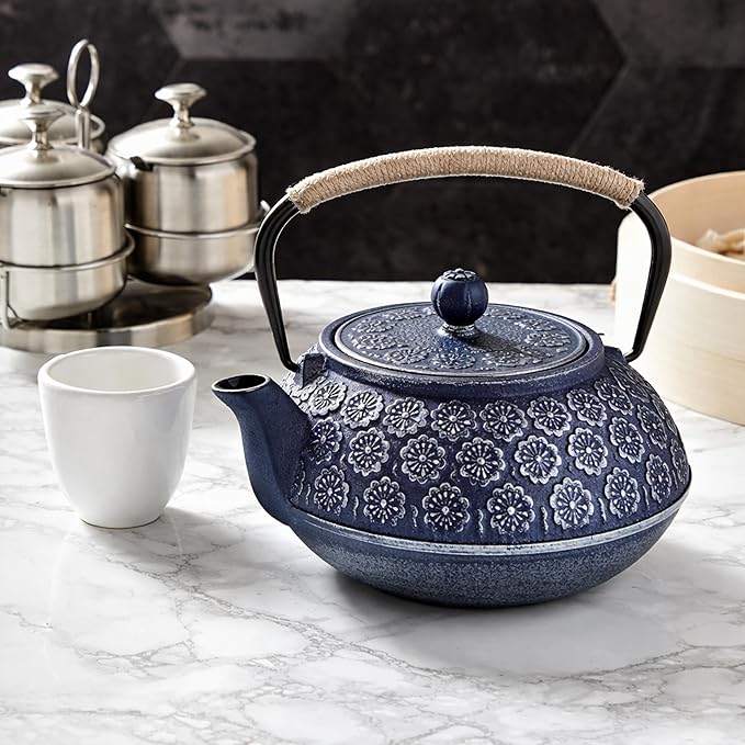 Juvale Japanese Cast Iron Teapot with Infuser & Stovetop Tea Kettle - 34 oz, Blue - Heat Retention, Removable Lid & Fold-Down Handle