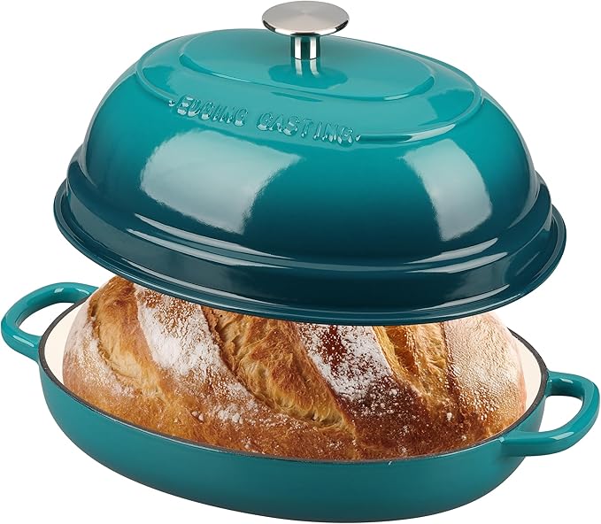 Enameled Oval Cast Iron Dutch Oven Pot with Lid, Bread Dutch Oven for Sourdough Bread Baking, Dutch Oven Bread, Bread Oven, 6QT, Darkcyan