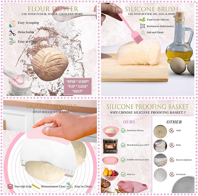 Sourdough Starter Kit, Sourdough Bread Baking Supplies, Sourdough Kit, Bread Making Tools and Kit, Bread Proofing Baskets, Sourdough Starter Jar, Beginner Friendly Sour Dough Kit (Cute Pink)