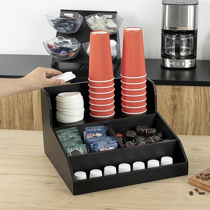 Restaurantware-15 x 14.25 x 9.25 Inch Coffee Condiment Organizer, 1 Countertop Tea Station Organizer - 3 Shelf, Heavy-Duty, Black Bamboo Coffee Bar Holder, For Breakrooms, Offices, or Homes,