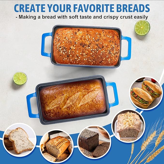 P&P CHEF 2-In-1 9 x 5 Inch Cast Iron Loaf Pan with Lid (Blue), Bread Loaf Pans for Baking Homemade Sourdough Bread, Meatloaf, Toast, Cake, Nonstick & Healthy & Sturdy, 2 Piece Set