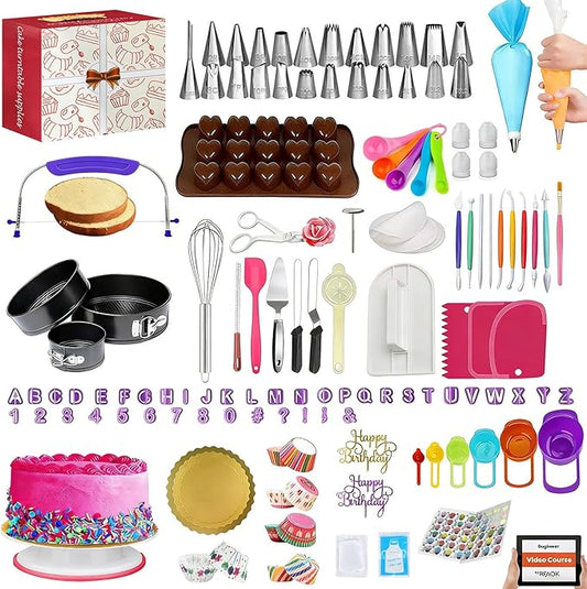 720PCS Cake Decorating Kit with Baking Supplies - Cake Turntable for Decorating with Baking Pans, Leveler, 24 Numbered Piping Tips, 2 Spatulas, Fondant Tools, Video Course, Pattern Chart & More