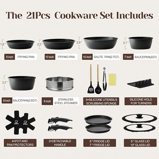 21PCS ceramic cookware set,Nonstick ceramic pan, Removable Handle pots and pans set, Stackable Pan Set, Nonstick Pots and Pans Set Non Stick(Black)