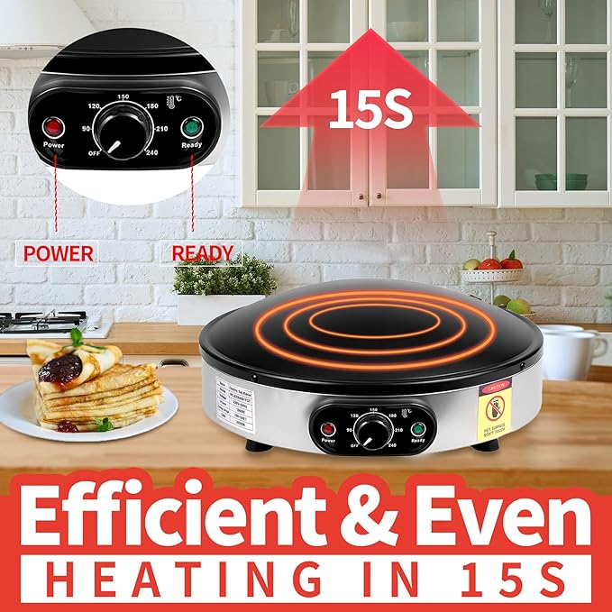 Crepe Makers, 16-Inch Electric Roti and Tortilla Maker, 1600W Large Non-Stick Convex Dome Griddle, Commercial Grade Saj Bread Maker & Crepe Machine, Adjustable Temp up to 460°F,Stainless Steel