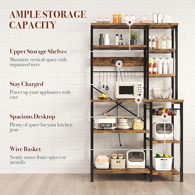 Kitchen Bakers Rack with Storage, 6-Tier Coffee Bar Station with Power Outlet, Microwave Stand with 12 S-Shaped Hooks, Open Kitchen Storage Shelves for Spices, Pots and Pans, Rustic Brown