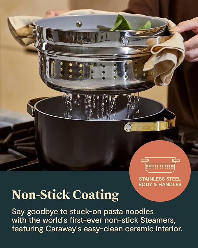 Caraway Small & Large Steamer Set – Made with Handles - Non Stick, Non Toxic Coating - Steam Veggies, Seafood, and More - Compatible With Our Dutch Oven or Sauce Pan – 3qt & 6.5qt - Stainless Steel
