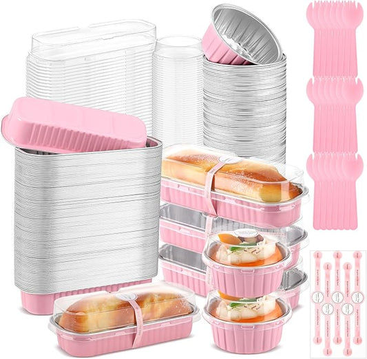 Suclain 600 Pcs Valentine's Day Pink Mini Loaf Pans with Lids and Spoons Sealing Stickers 6.8oz Disposable Aluminum Foil Muffin Baking Pans 5oz Cupcake Cups Cake Containers for Valentines Party