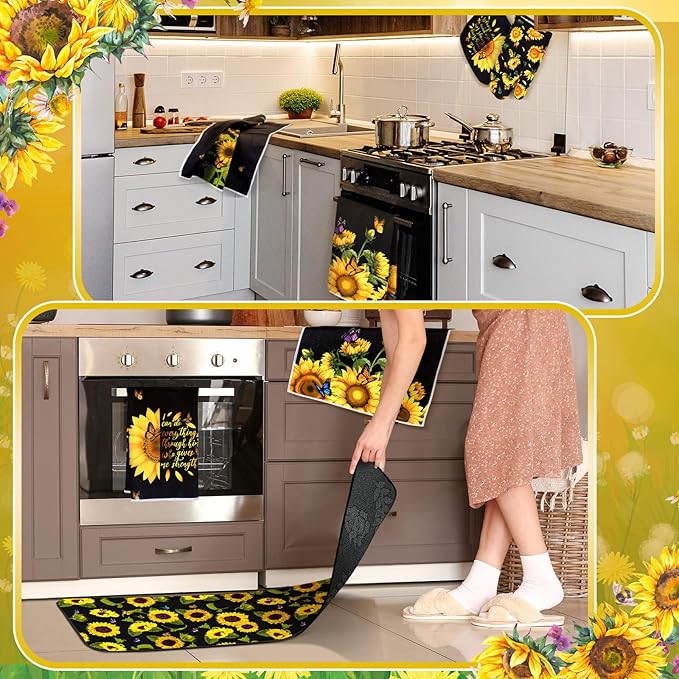 10 Pcs Sunflower Kitchen Decor Sunflower Oven Mitts and Pot Holders Set Black Dish Towels Summer Rugs Mats Farmhouse Kitchen Accessories for Chef Baking Cooking Grilling BBQ Women Home Gift