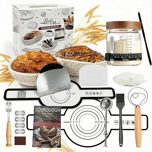 Sourdough Starter Kits,40oz Large Sourdough Starter Jar With Wide Mouth,2 Banneton Bread Proofing Baskets,Bread Making Tools Kit，Sourdough Bread Baking Supplies with Recipe，for Women/Wife/Mom/Friend