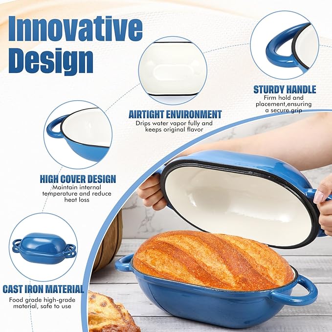 Maxdot 4qt Dutch Oven with Lid Enameled Cast Iron Sourdough Bread Pan for Baking Non Stick Single with Loop Handles for Family Homemade Breadbaking(Blue)