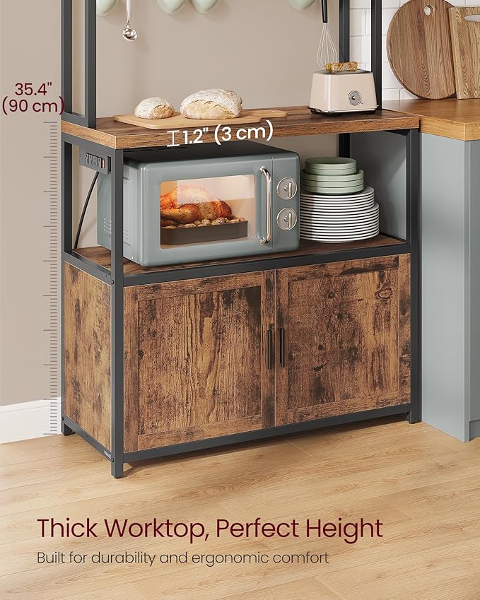 VASAGLE Kitchen Bakers Rack with Power Outlet, Coffee Bar with 35.4-Inch High Worktop, Microwave Stand with 8 Hooks, 15.7 x 31.5 x 66.9 Inches, Rustic Brown and Ink Black UKKS059K01