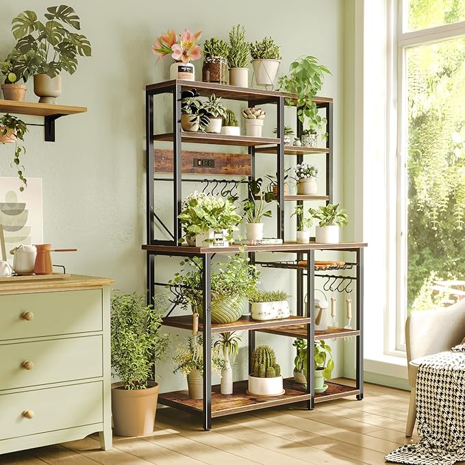 SUPERJARE Large Bakers Rack with Power Outlets, 6-Tier Microwave Stand, Coffee Bar with 12 S-Shaped Hooks, Kitchen Shelf with Wire Basket, 39.4 x 14.6 x 66.9 Inches, Rustic Brown