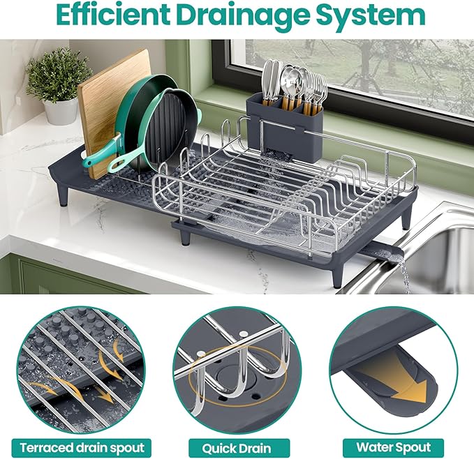 TOOLF Dish Drying Rack - Large Expandable Dish Rack for Kitchen Counter, Stainless Steel Dish Drainer for Kitchen Organization with Cutlery ＆ Cup Holder,Gray