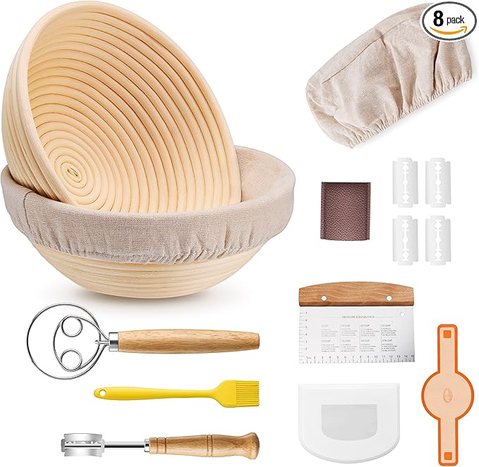 E-far Bread Proofing Basket Set of 2, 9 Inch Round Sourdough Bread Baking Supplies, Complete Sourdough Starter Kit for Beginners