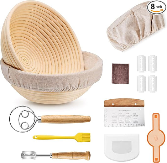 E-far Bread Proofing Basket Set of 2, 9 Inch Round Sourdough Bread Baking Supplies, Complete Sourdough Starter Kit for Beginners