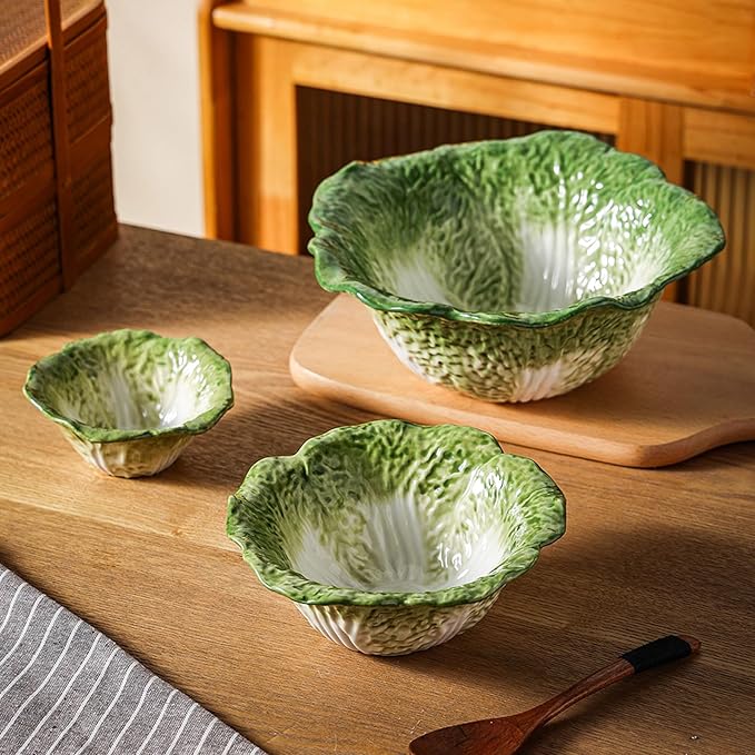 KXZ Green Cabbage Serving Bowl Set of 3 for Kitchen - Extra Large 60oz, 16oz, 5oz Nesting Mixing Bowls, Porcelain Dishes for Salad, Entertaining, Fruit, Vintage, Decorative, Ceramic Pho Soup Tureen