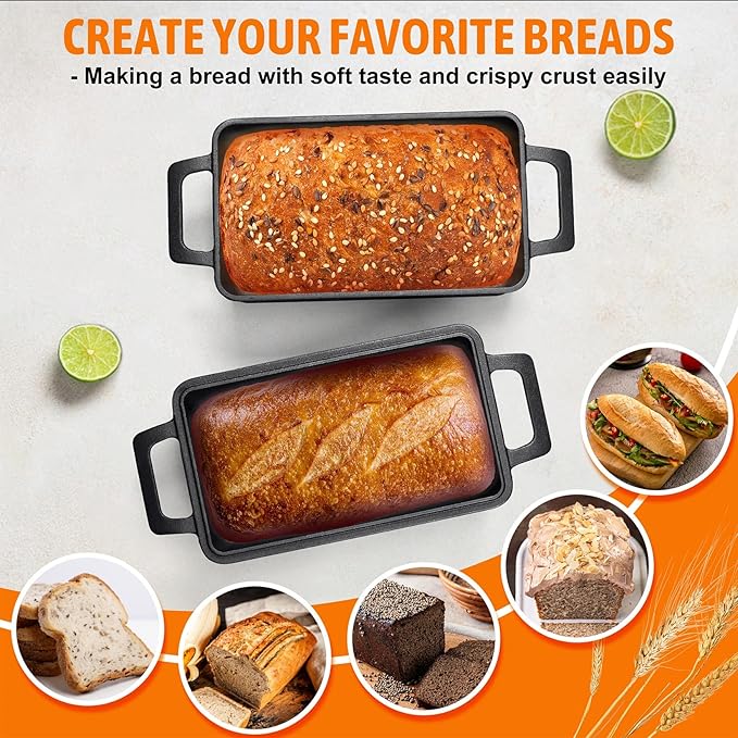 P&P CHEF 2-In-1 9 x 5 Inch Cast Iron Loaf Pan with Lid (Black), Bread Loaf Pans for Baking Homemade Sourdough Bread, Meatloaf, Toast, Cake, Nonstick & Healthy & Sturdy, 2 Piece Set