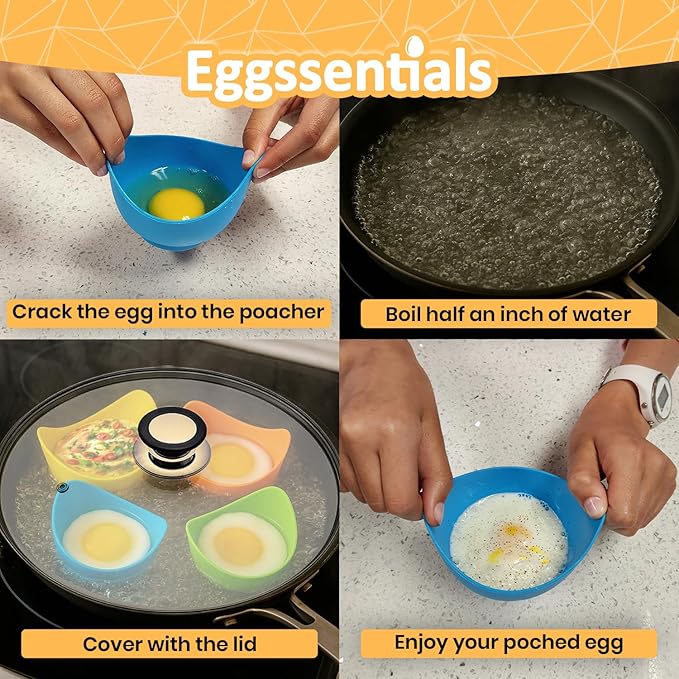 Eggssentials - Poached Egg Cups - Pack of 4 - BPA Free Silicone Egg Poacher Cups - Nonstick Poached Egg Cooker for Microwave, Stovetop, Baking ?€? Easy to Clean Poaching Pods for Perfect Eggs