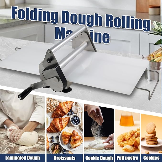 Manual Folding Dough Sheeter Countertop - 0-17.5mm Adjustable Thickness, Stainless Steel Dough Roller with 2 Sheeter Boards