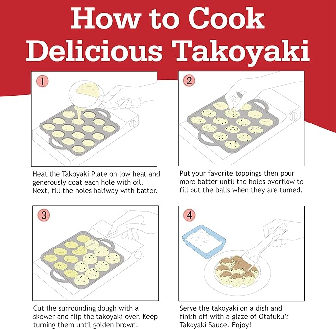 Otafuku Takoyaki Plate, Cast Iron Japanese Grill for Cooking Takoyaki Balls, Silicon Coated Pan (16 Holes)
