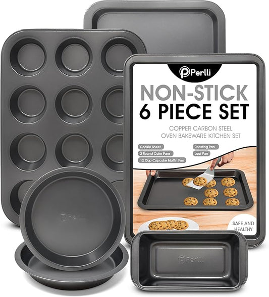 PERLLI Non-Stick 6-Piece Bakeware Set – Carbon Steel with Even Heat Distribution, Oven Safe to 446°F, BPA-Free, Dishwasher Safe, Stackable Baking Tools for Easy Storage and Everyday Cooking - Gray