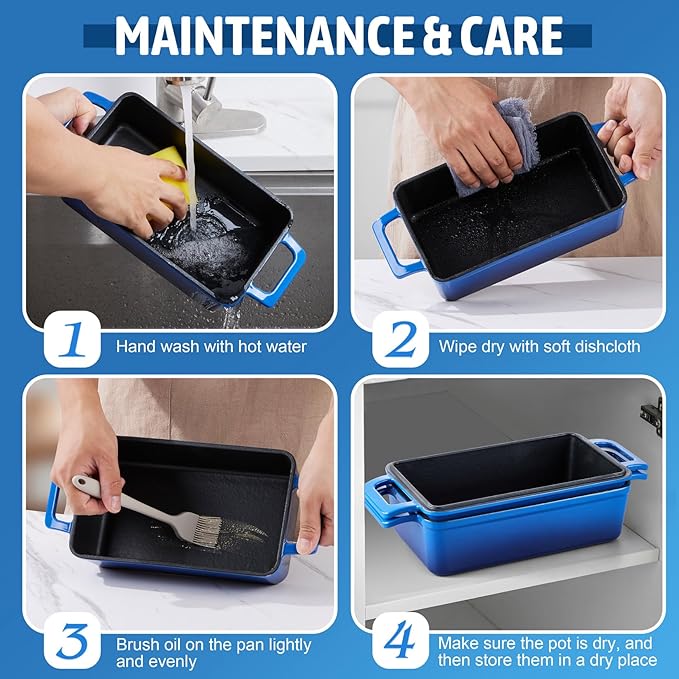 P&P CHEF 2-In-1 9 x 5 Inch Cast Iron Loaf Pan with Lid (Blue), Bread Loaf Pans for Baking Homemade Sourdough Bread, Meatloaf, Toast, Cake, Nonstick & Healthy & Sturdy, 2 Piece Set