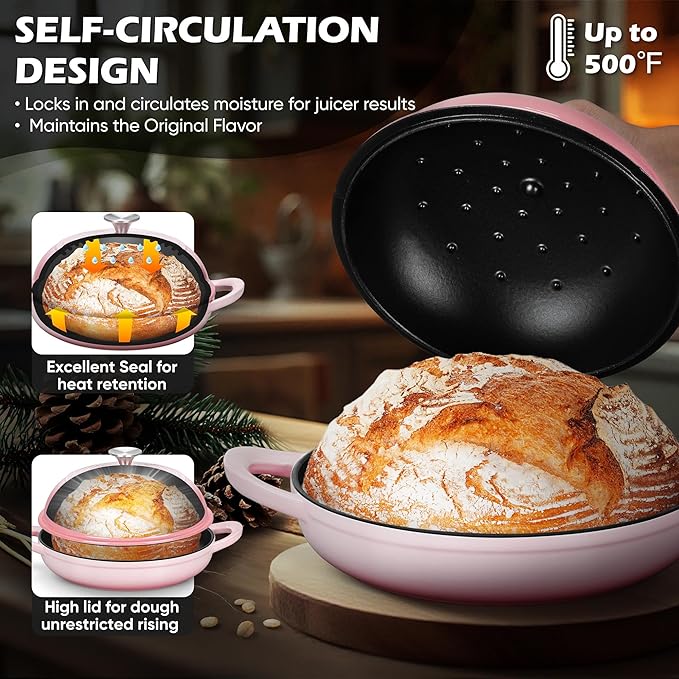 Bread Dutch Oven for Sourdough Baking (5.5 QT), Joyfair Enameled Cast Iron Dutch Oven Pot with Lid, Sourdough Bread Pan with Heavy Duty Dual Handles, Non-Stick & Even Heat, Oven-safe up to 500°F, Pink