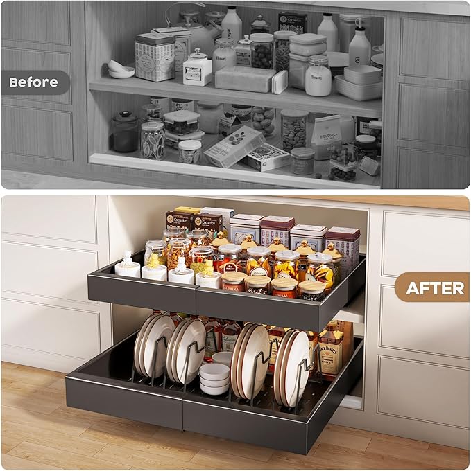 6 Pack Pull out Cabinet Organizer 21"Deep with Raising Pad for Framed Cabinets, Expandable Slide out Drawers for Kitchen Cabinets with 6pcs Divider Racks, Roll out Shelves 12.1"-20.4" W Black