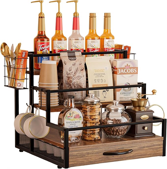 Countertop Coffee Syrup Rack Organizer, 4-Tier Wooden Holder Stand with 36 K Cup Storage Drawer for Coffee Bar Accessories,Condiment Storage Shelves for Kitchen,Home,Office,Restaurant