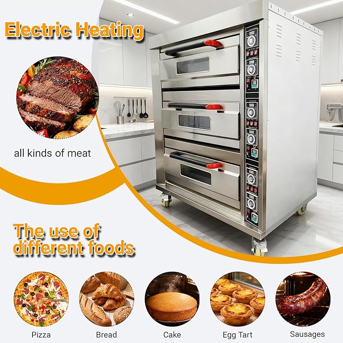 Commercial Electric Pizza Oven 3 Layers Movable Large Triple Baking Oven 19.8KW, 6 Baking Sheets, 20℃-400℃ Stainless Steel,for Restaurants, Bakeries, Pizza, Bread, Meat 220V 3PH