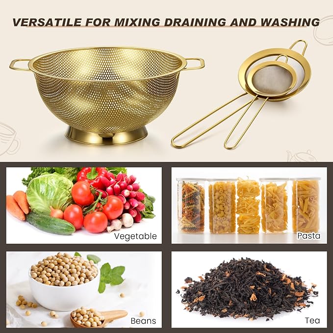 Sawysine 5 Pcs Gold Kitchen Appliances Includes 5 Quart Gold Colander and 2 Pcs Strainer Set, Lemon Squeezer, Stainless Steel 4 Sides Grater Slicer with Handle for Kitchen