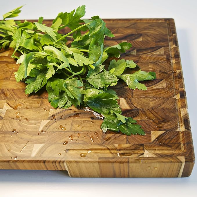 Teak Cutting Board - 19.7 x 12.2 Inch (ExtraThick 1.7") Premium Quality Butcher Block for Meat, Cheese, Charcuterie Board. Heavy Duty End Grain Wood Chopping Board with Handle (Oil & Plate Included)